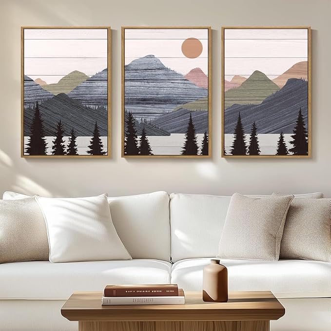 ANHUIB Mountain Wall Art 24x36 Inch Large Mountain Range Art Print Forest Painting Set of 3 for Living Room Bedroom Office