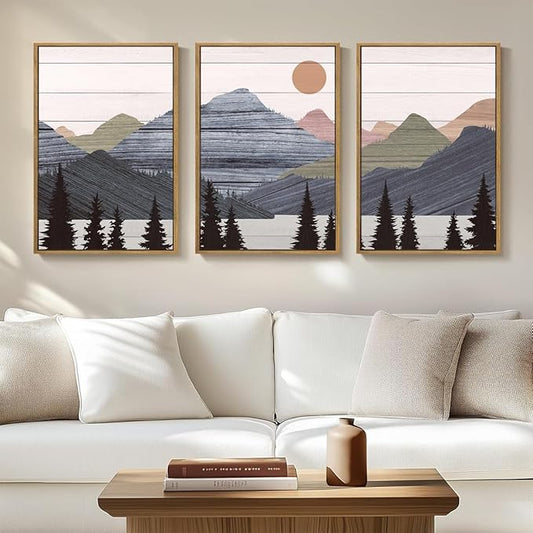 ANHUIB Mountain Wall Art 24x36 Inch Large Mountain Range Art Print Forest Painting Set of 3 for Living Room Bedroom Office