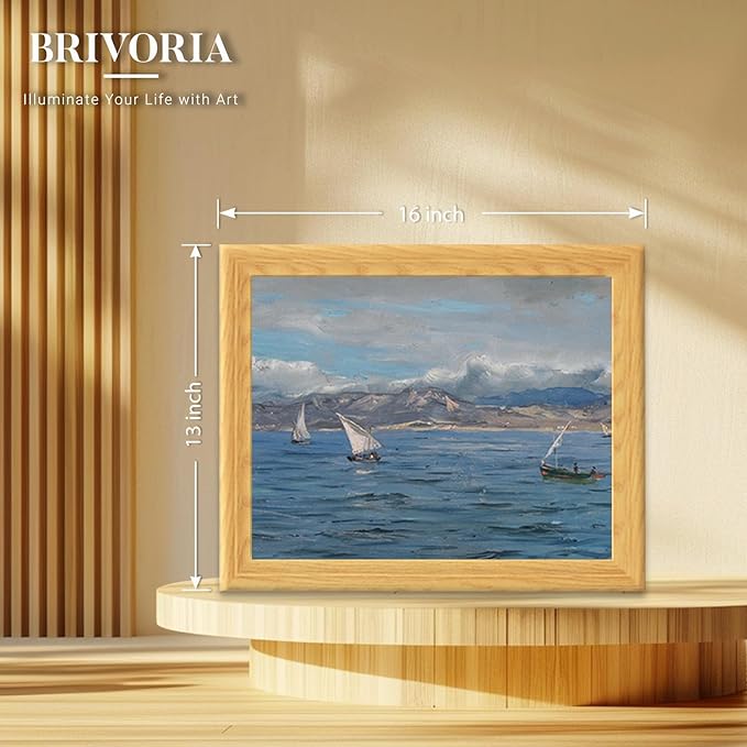 Brivoria Framed Canvas Wall Art Vintage Decor, Impressionist Coastal Scene with Sailboats and Ocean Texture Under Moody Sky for Hallway Entryway or Nautical Accent Wall Decoration, 13"x16"