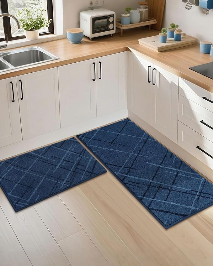 COSY HOMEER Kitchen Mats, 2 PCS Kitchen Rug Non Slip Washable, Absorbent Runner Rugs for Kitchen Floor, Polyester Kitchen Sink Rug 20"x32" + 20"x48"(Blue)