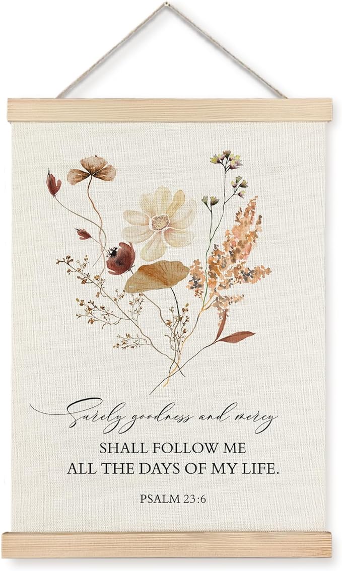 Supwhd Boho Floral Christian Wall Art with Wooden Poster Hanger, Goodness and Mercy Shall Follow Me Posters Wall Art Decor, Christian Wall Decor for Home Room, 16x24