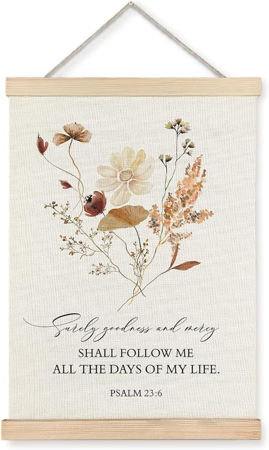 Supwhd Boho Floral Christian Wall Art with Wooden Poster Hanger, Goodness and Mercy Shall Follow Me Posters Wall Art Decor, Christian Wall Decor for Home Room, 16x24