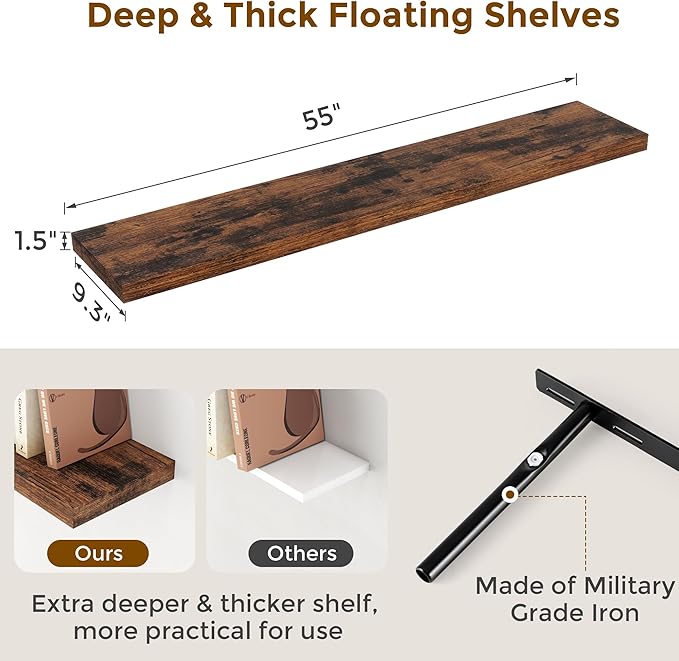 55 Inch Floating Shelves Set of 2, Rustic 55 x 9.3 Floating Shelf for Wall, 9.3 Inch Deep Wall Shelves Invisible Bracket, Large Deep Shelving for Bedroom, Kicten, Living Room, Rustic Brown Color