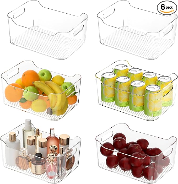 Clear Plastic Storage Bins-Pantry Organizers & Storage Containers-Refrigerator Organizer Bins with Handle - Home Organization Must Haves for Kitchen(Clear 6 Pack-Large)