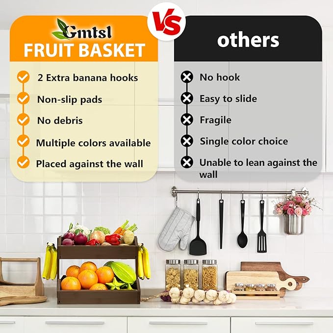 Bamboo Fruit Basket for Kitchen – 2 Tier Fruit Bowl For Kitchen Counter, Large Fruit Holder With 2 Banana Hangers, Idea For Fruit and Vegetable Storage, Bread Basket, Snack Organizer(WALNUT)