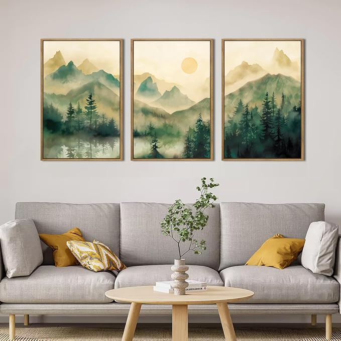 IARTTOP Large Mountain Framed Canvas Wall Art 16x24 Inch Green Foggy Forest Landscape Art Prints Set of 3 Nature woodland Landscape Wall Decor for Living Room Bedroom Office