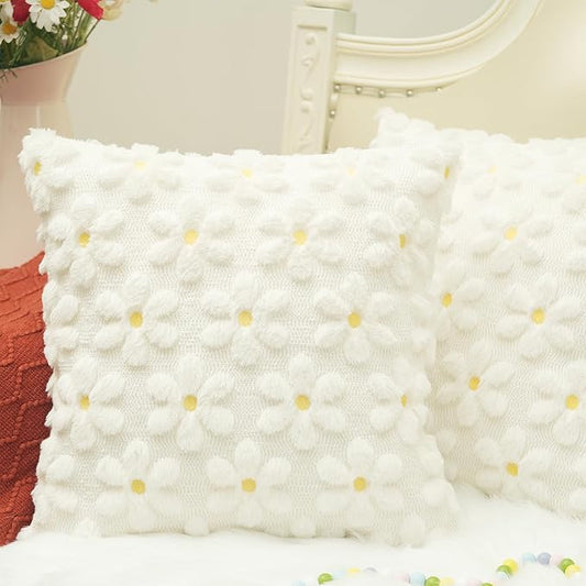 GEEORY Daisy Soft Plush Pillow Covers, 18 x 18 Inch Set of 2, Fluffy Faux Fur Wool Decorative Farmhouse Cushion Case for Sofa Home Decoration Cream GC030-18