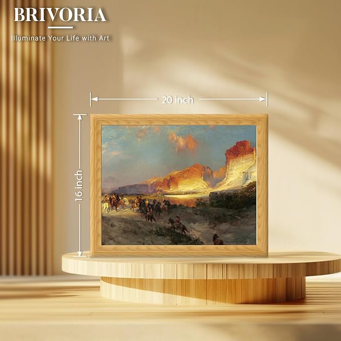 Brivoria Framed Canvas Wall Art Vintage Decor, Majestic Autumn Western Landscape with Horsemen, Red Cliffs and Fiery Sunset Sky for Living Room Bedroom Dining Room Fireplace or Gallery Display, 16x20