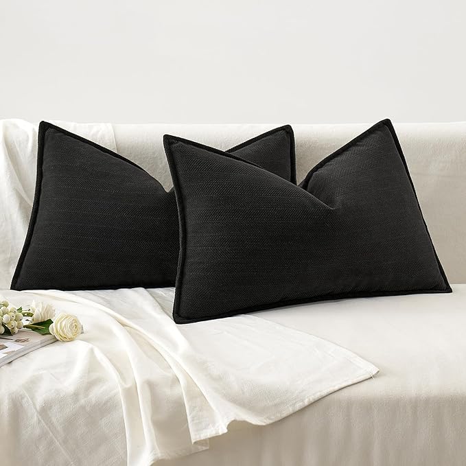MIULEE Pack of 2 Black Decorative Lumbar Pillow Covers 12x20 Inch Soft Chenille Luxurious Couch Throw Pillows Farmhouse Cushion Covers with Elegant Design for Sofa Bedroom Living Room Home Decor