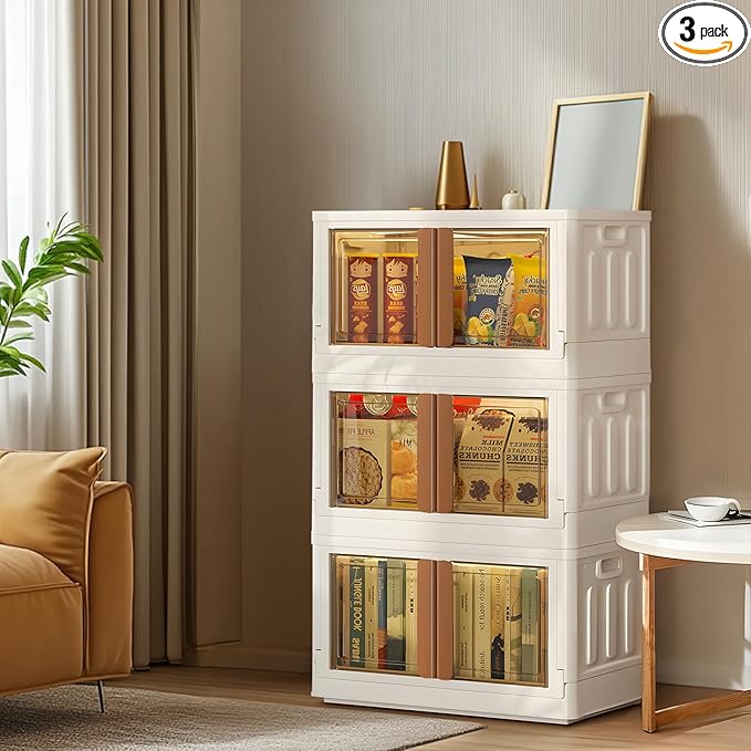 GCCSJ 76Qt Stackable Plastic Storage Boxes with Lids, Foldable Closet Organizers and Storage Containers with Wheels, Collapsible Storage Bins for Home Organization, 3 Pack White