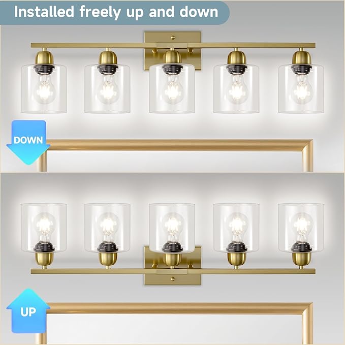 5 Light Brushed Gold Bathroom Light Fixtures, Gold Bathroom Light with Clear Glass, 30 inch Wall Sconce for Mirror Living Room Bedroom Hallway E26 Base