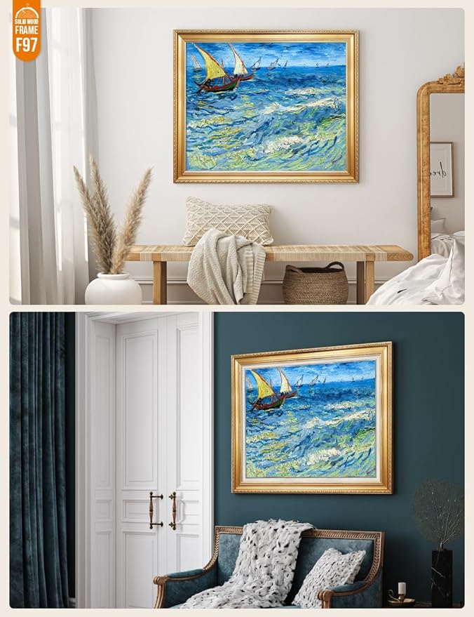 DECORARTS - Fishing Boats At Sea - Vincent Van Gogh Giclee Prints w/Antique Brown Frame for Wall Decor.