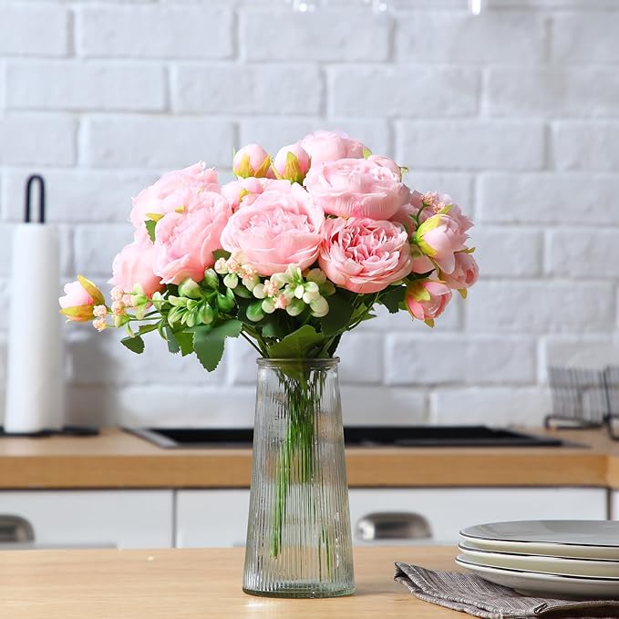 Geosar 8 Bundles Artificial Peonies Flowers Fake Silk Peony Bouquet Faux Peonies Flowers Bulk for Decoration Vase Florals Arrangements Wedding Party Table (Pink)