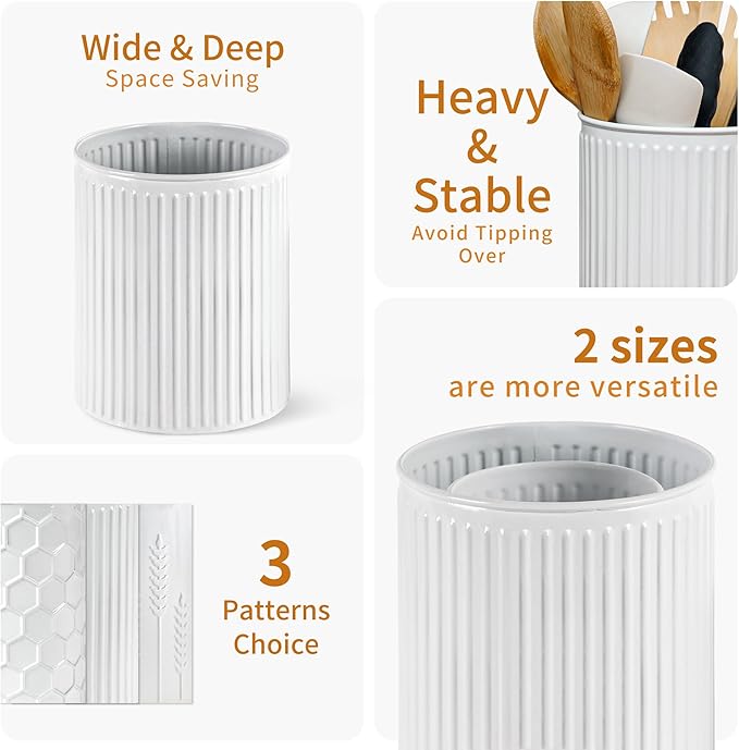 2 Pack Metal Utensil Holder for Kitchen Counter, 7.3"+5.4" Large Cooking Utensil Organizer Vertical Stripe Pattern Embossed Utensil Caddy for Party Cutlery Tool Holder Storage, White