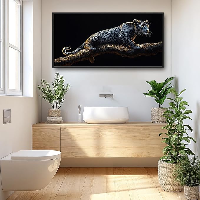 Flintis Large Black and White Leopard Framed Wall Art Leopard Pictures Wall Decor Abstract Animal Portrait Canvas Painting Print Artworks Framed for Living Room Bathroom Master Bedroom 60L X 30W