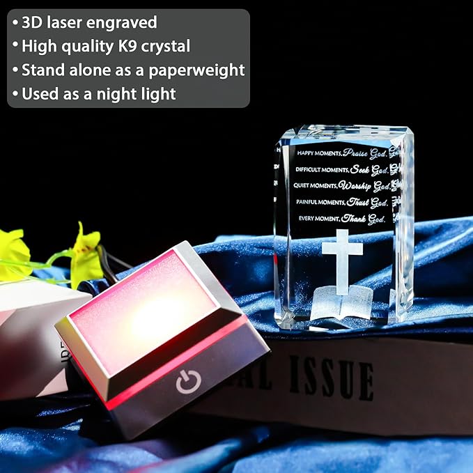 Movdyka 3D Crystal Christian Gifts for Women Men Faith, Inspirational Bible Verse Religious Gift Keepsake with Colorful LED Night Light, Get Well Spiritual Gifts Ideas for Birthday