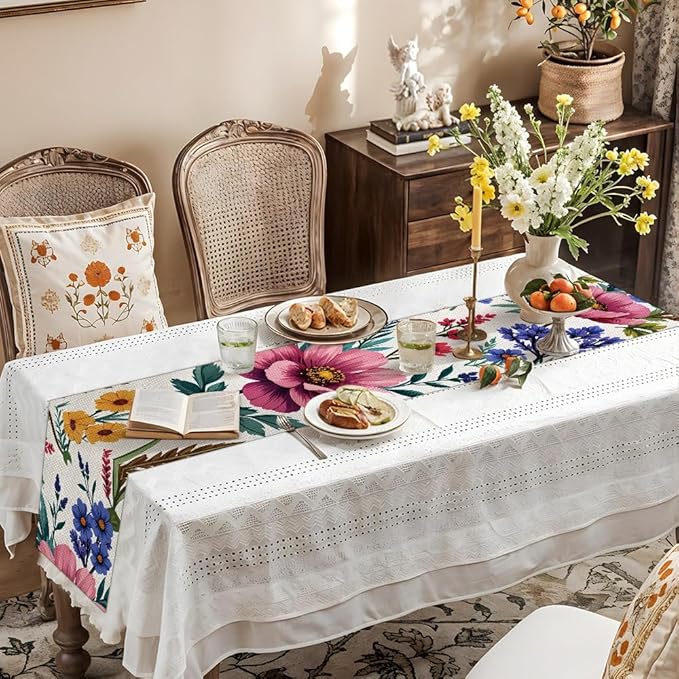 ANNA QUEEN Flowers Table Runner 13 x 72 Inch for Dining Table, Table Runner for Fall Dining Decor Indoor Outdoor Party Home Table Decoration