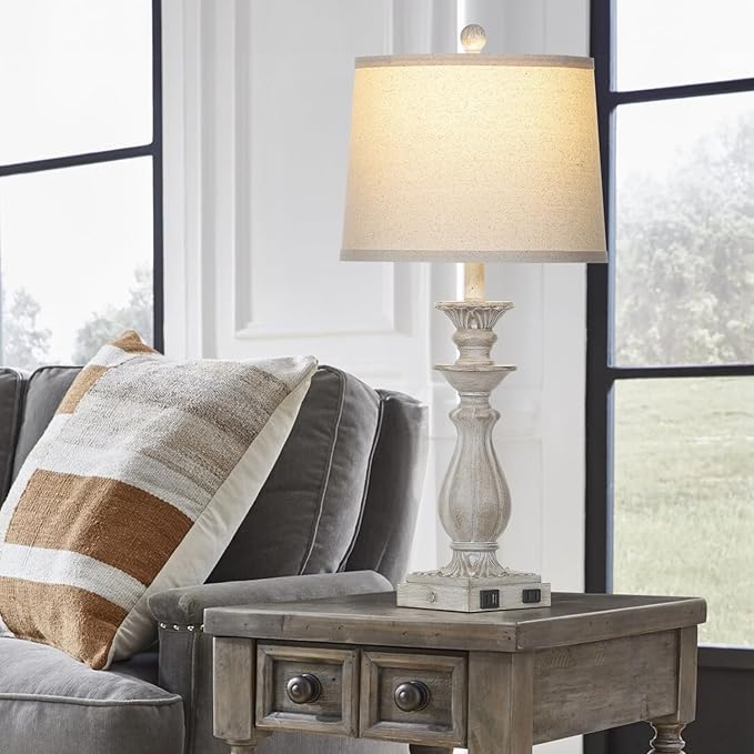28" Farmhouse Table Lamps for Living Room Set of 2, 3-Way Dimmable Touch Bedside Lamps with USB C+A Ports & AC Outlet, Resin Vintage Tall Nightstand Lamps for Bedroom Office End Table, Grey