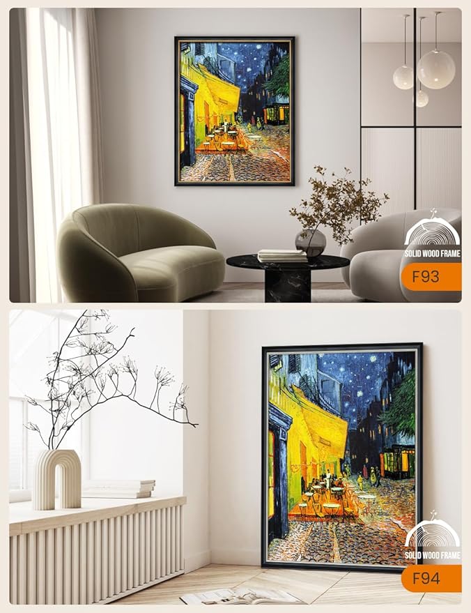 DECORARTS - Cafe Terrace At Night by Vincent Van Gogh Art Reproduction. Oversize Solid Wooden Frame Matching with Giclee Prints Canvas Wall Art. Total framed size: 43x35