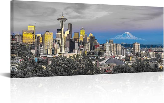 Fochorlo Seattle Wall Art City Skyline Picture Black and White Blue Wall Decor For Bedroom Living Room Office Gallery Wrapped 20"x48"