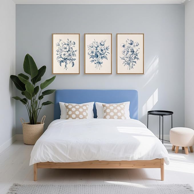 KAIRNE Chinoiserie Floral Wall Art Set of 3, Blue and White Flower Framed Canvas Prints, Vintage Navy Botanical Decor for Living Room, Bedroom, Office - 16×24 inch