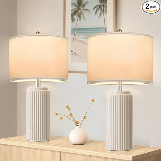 23.5’’ Beige Modern Ceramic Table Lamps Set of 2 for Living Room, Farmhouse Bedside Lamps with Upgraded White Linen Shade, Rustic Nightstand Lamps for Bedroom Home Office, Vintage End Table Dorm