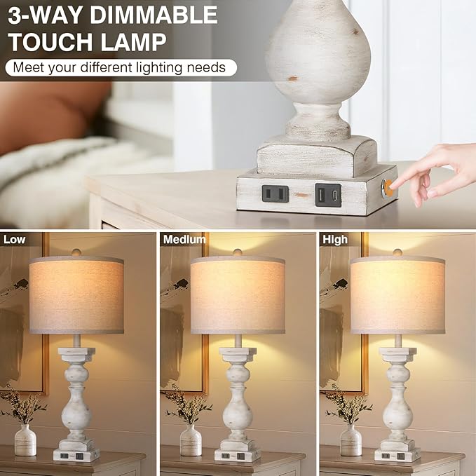 28" Tall Farmhouse Table Lamps Set of 2 with USB C+A Ports and AC Outlet, 3 Way Touch Tall Rustic Bedside Lamps for Living Room, Off White Vintage Lamps for Bedroom Nightstand