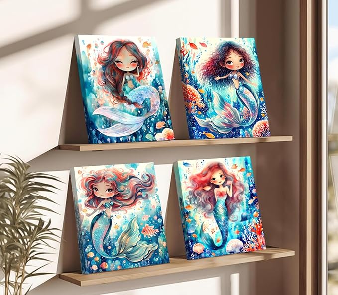 Framed Mermaid Bathroom Wall Art, Mermaid Canvas Prints, Set of 4 (8"x10")