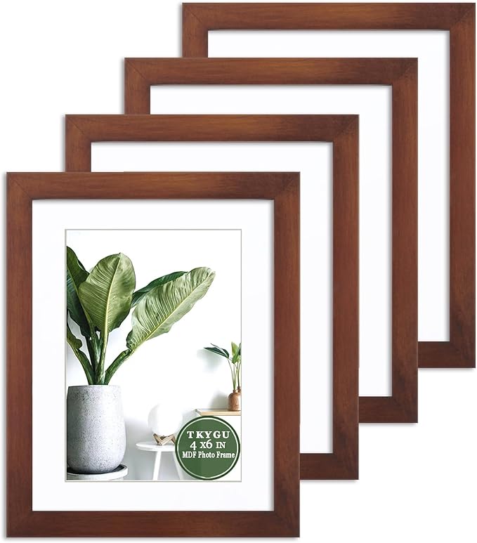 4x6 Picture frame with mat 3.5x5 Wine red frame Set of 4, Modern Style Wood Composite frames Tempered glass Table or wall -horizontal or vertical display picture frame for home decor best gift