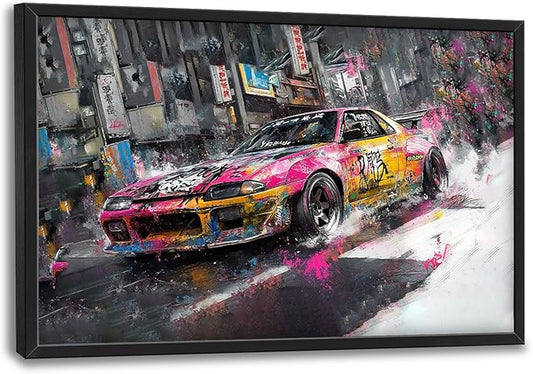Flintis Large Japanese Graffiti Car Framed Wall Art Racing Car Pictures Wall Decor Abstract Street Racing Canvas Painting Print Artworks Framed for Living Room Bathroom Master Bedroom 36L X 24W