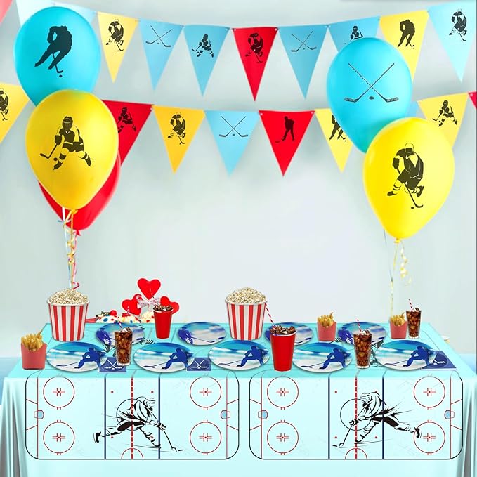180Pcs Ice Hockey Party Supplies Paper Plates and Napkins Serve 60 Disposable Tableware Set for Birthday Party Decorations Game Day Family School Holiday Sports Events