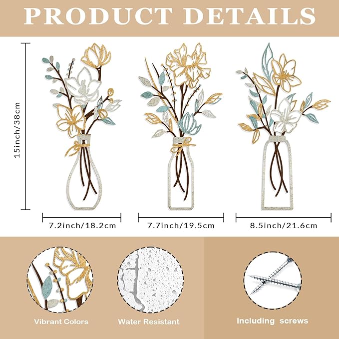 ARTINME 3 Pieces Metal Flowers Wall Arts - Rustic Farmhouse Decor Minimalist Flower Wall Decors for Living room Bathroom Kitchen Bedroom Dining Room - Housewarming Gifts (Beige)