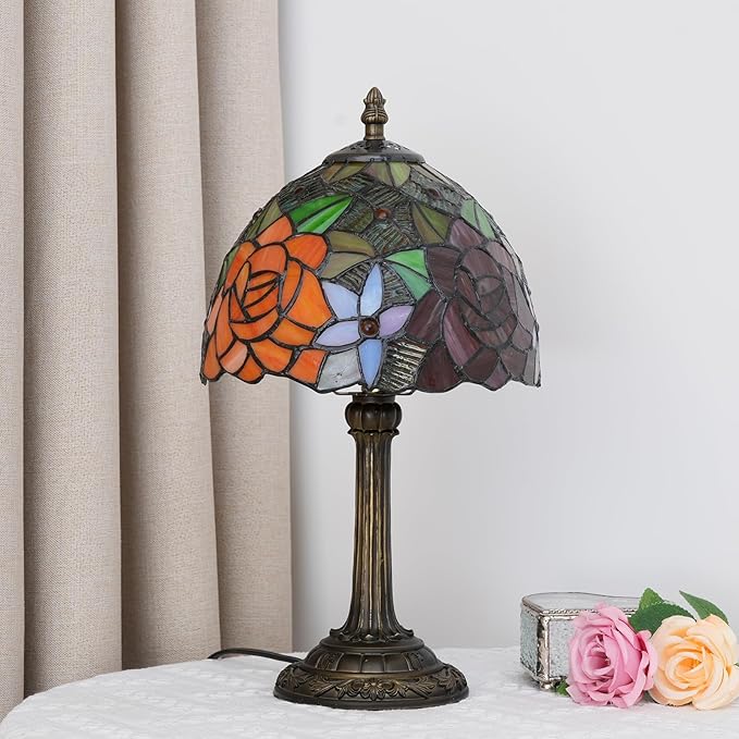 8 Inch Tiffany Stained Glass Lamp, Red And Orange Rose Flower Design, Victorian Vintage Style Bedside Lamp, Suitable For Bedroom Dining Room Office Hotel And Other Home Decoration (Gorgeous Rose)