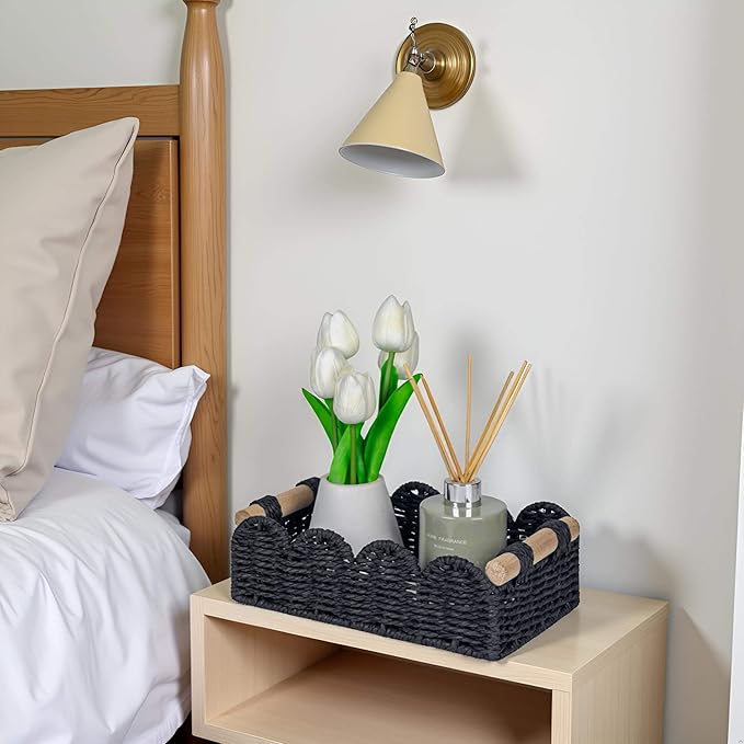 CubesLand Scalloped Edge Decor Baskets for Home, Living Room, Toilet Paper Storage Basket for Over Toilet Shelf, End Table,Shelves and More, Small Paper Rope Baskets Both Storage&Decor, Set 2 Black