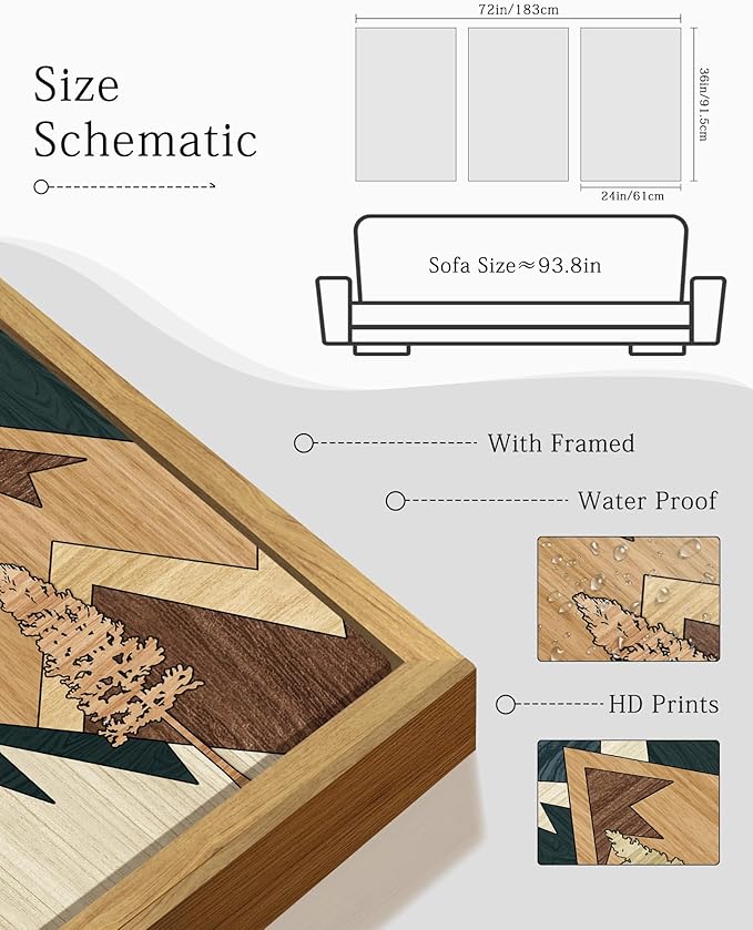 KUVIOKE Woodcut Pine Tree Forest Mountains Framed Wall Art Nature Landscape Prints Morden Farmhouse Bedroom Hallway Ready to Hang 24x36in (Natural Framed)