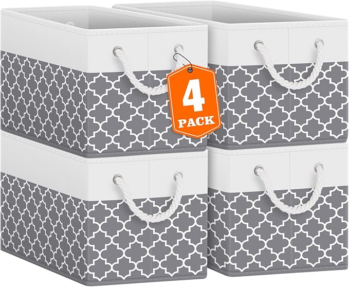 Fab totes Storage Bins [4-Pack], Foldable Storage Baskets for Organizing Toys, Books, Shelves, Closet, Large Storage Box with Rope Handles, Sturdy Organizer Bins,Clover Grey