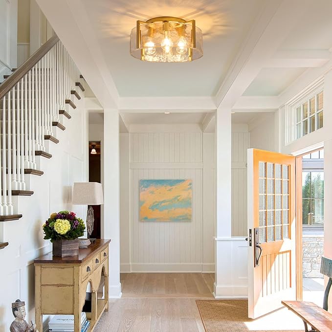 Semi Flush Mount Ceiling Light Fixture, 4-Light Gold Modern Hallway Light Fixtures Ceiling Mount, Foyer Kitchen Lighting Fixtures Ceiling Lights for Bedroom Entryway Bathroom Laundry Room