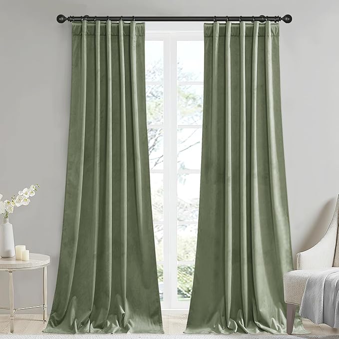 StangH Sage Green Velvet Curtains Christmas Party Decor Back Tab for Holiday, Solid Luxury Window Drapes Room Darkening Thermal Insulating for Bedroom/Living Room, W42x L84, 2 Panels