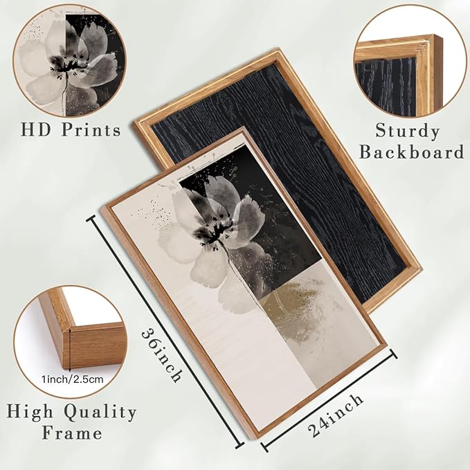 IARTTOP Extra Large Black Neutral Framed Wall Art 24x36 Inch Beige Tan Abstract Floral Canvas Wall Decor Set of 3 Minimalist Modern White Flower Art Prints for Living room Bedroom