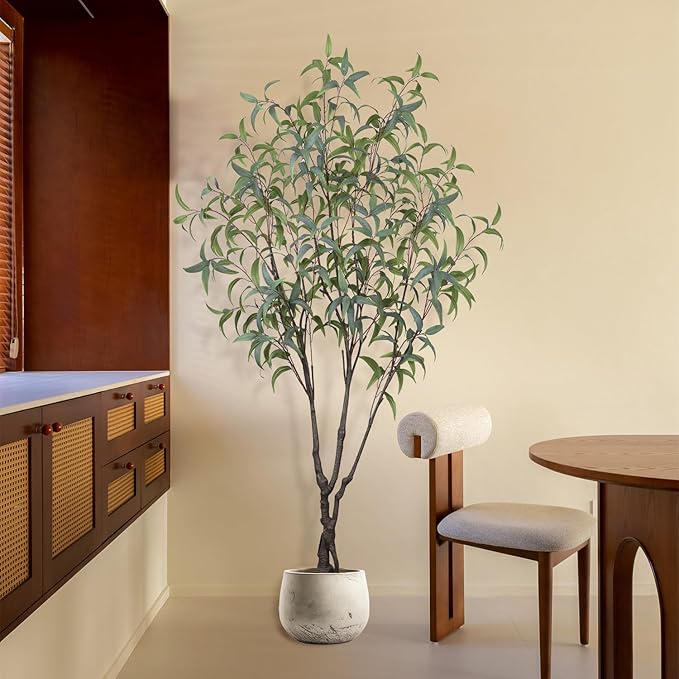 Artificial Eucalyptus Tree 7ft(84in) Faux Floor Potted Tree for Indoor Decor Large Realistic Trees Plants with Silk Leaves and Natural Wood Trunk for Home Living Room,Office Foyer Decor.