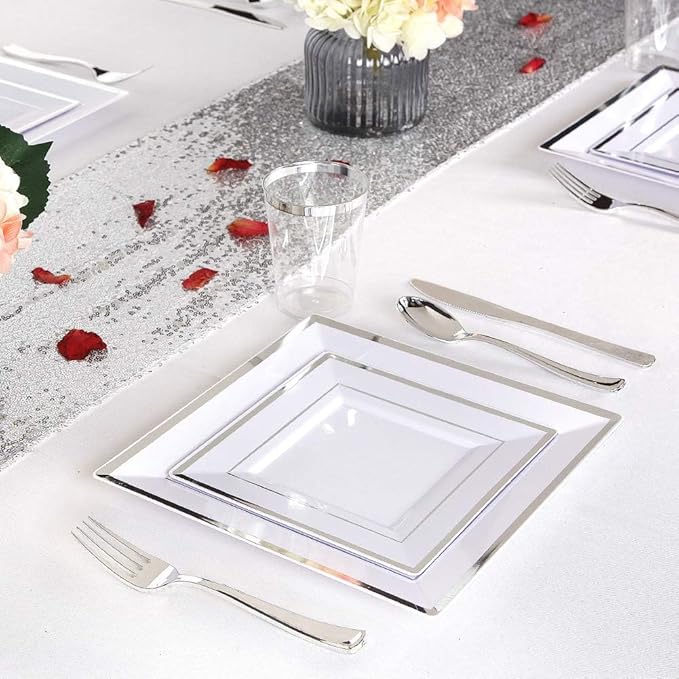 WDF Silver Plastic Dessert Plates with Plastic Forks - 6” 100 Square Disposable Appetizer Plates Small Plates Cake Plates with Silver Rim &100 Small Appetizer Forks for Party/Wedding.