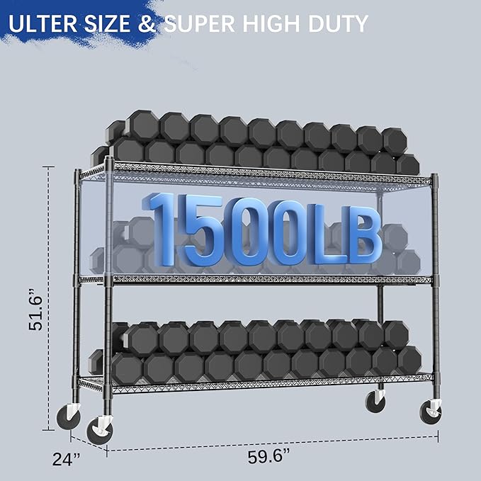Heavy Duty Shelving, 51.6" H Garage Shelving Unit with Wheels, 3-Tier Garage Storage Shelves Metal Shelves Rack, Adjustable Industrial Shelving for Warehouse Storage, 60" W x 24" D x 51.6" H, Black