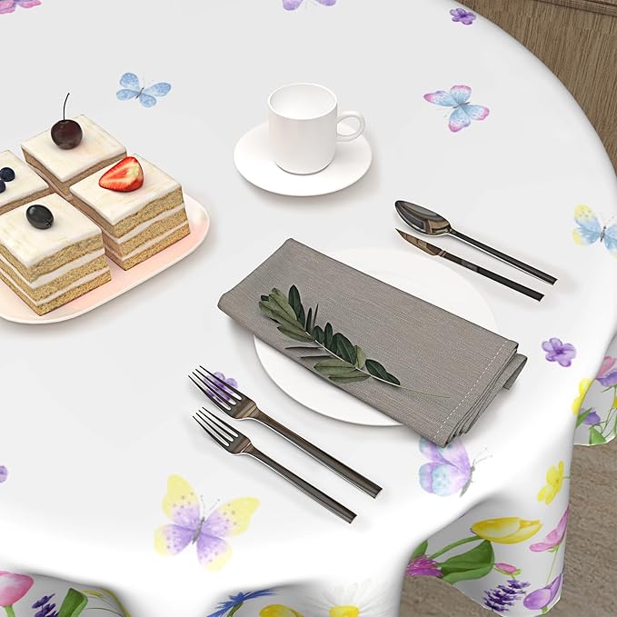 Kawani Spring Floral Tablecloth Round 60 Inch Watercolor Butterfly Flower Table Cloth Round Cover Washable Spring Farmhouse Table Covers for Rooms Kitchen Dinner Holiday Picnic Party Outdoor Decor