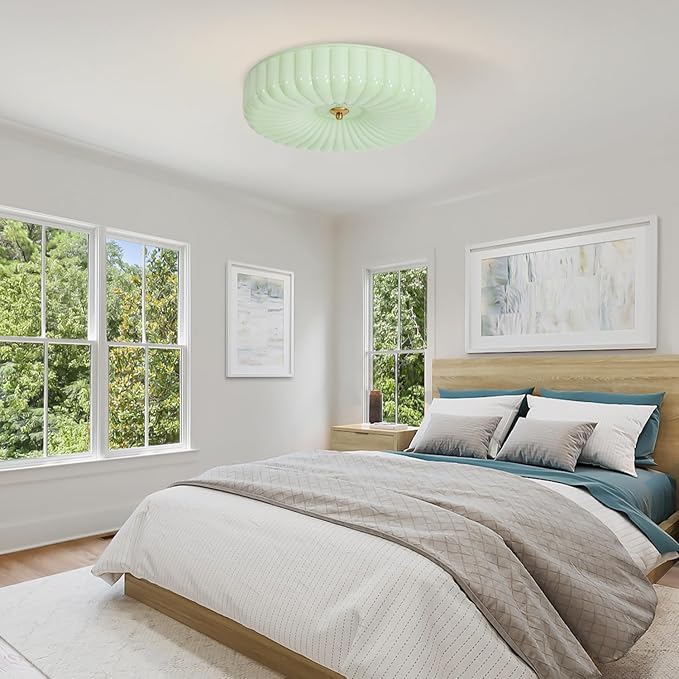 KCO Lighting Nordic Green Glass Flush Mount Ceiling Light Vintage Round Semi Flush Mount Ceiling Light Fixture Mid Century Modern Bathroom Overhead Light LED Ceiling Lights