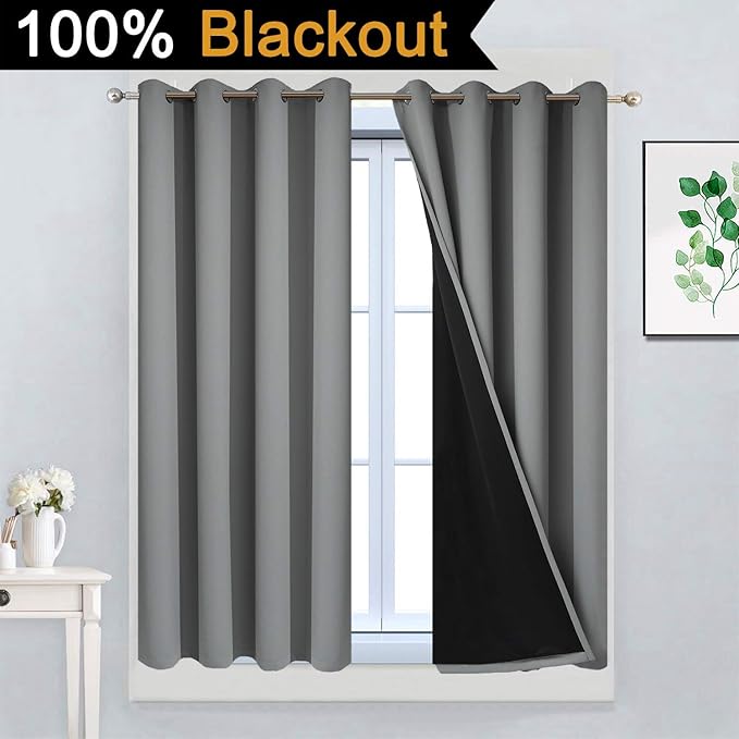 Yakamok Gray 100% Blackout Curtains 45 Inches Long, Full Light Blocking Thermal Insulated Blackout Drapes with Black Liners for Bedroom(Grey, 2 Panels, 52W x 45L)