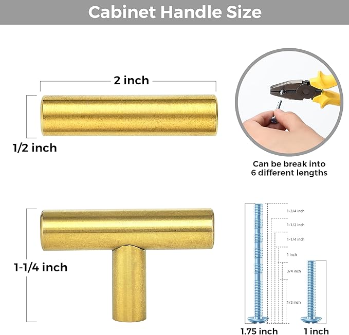 15 Pack Brushed Brass Cabinet Knobs - Kitchen Cabinet Knobs Gold Cabinet Pulls for Kitchen Cabinet Drawer Stainless Steel Dresser Knobs for Cabinet Hardware 2in Length Single Hole T Bar