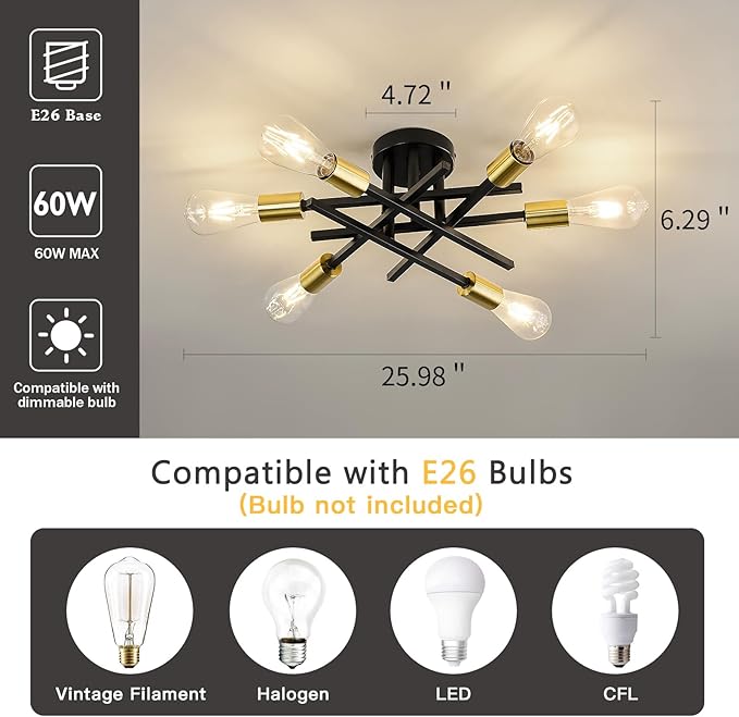 6-Lights Sputnik Semi Flush Mount Ceiling Light Fixture Modern Metal Black and Gold Chandeliers with E26 Bulb Base Close to Ceiling Light for Kitchen Dining Room Living Room Hallway Bedroom