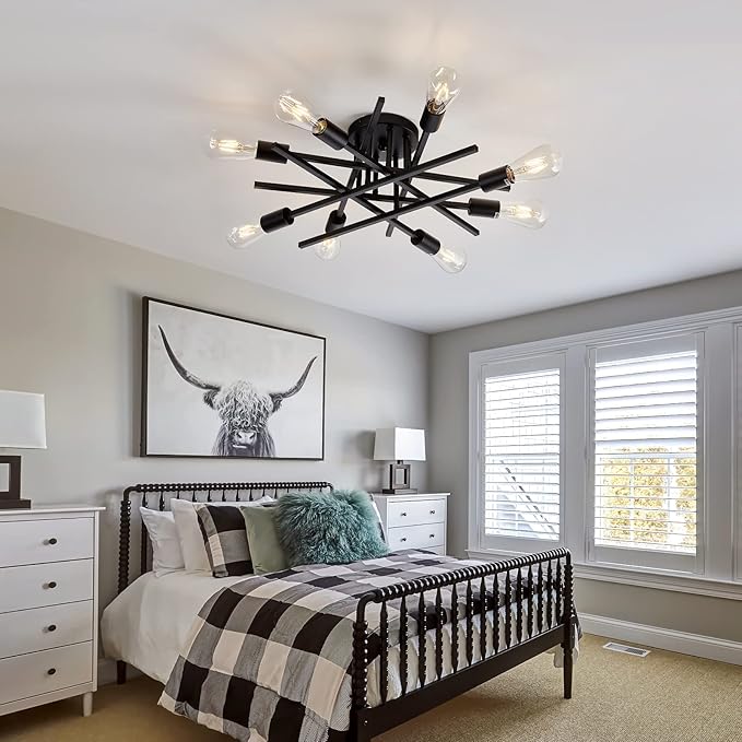 ASGYISA 8-Lights Semi Flush Mount Ceiling Light Fixture，Modern Black Vintage Metal Sputnik Chandelier， Ceiling Lamp for Bedroom Kitchen Dining Room Living Room with E26 Bulb Base