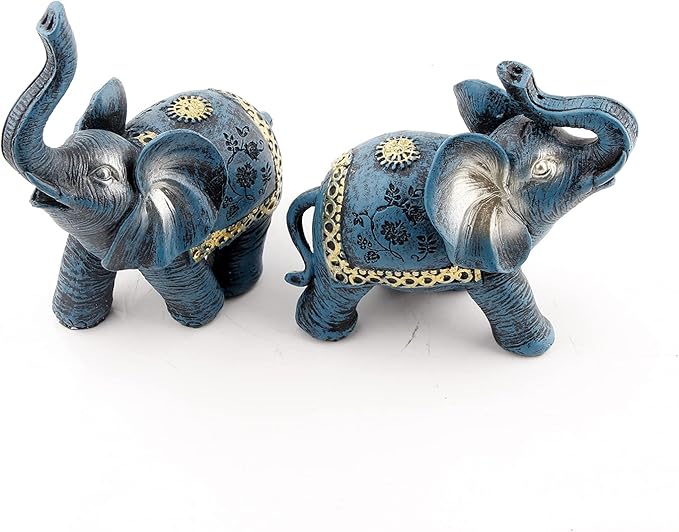 Blue Thai Couple Elephants Figurines Statues Elephant with Trunk Up Gifts for Desktop Decoration Home Crafts Ornament