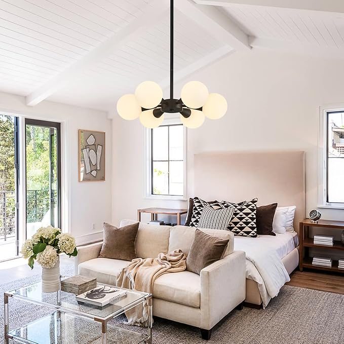 Modern Ceiling Light with Milk White Glass lampshade Black Semi Flush Mount Ceiling Light Fixture Sputnik Chandelier for Bedroom Living Room Dining Room Foyer Hallway(6-Lights)